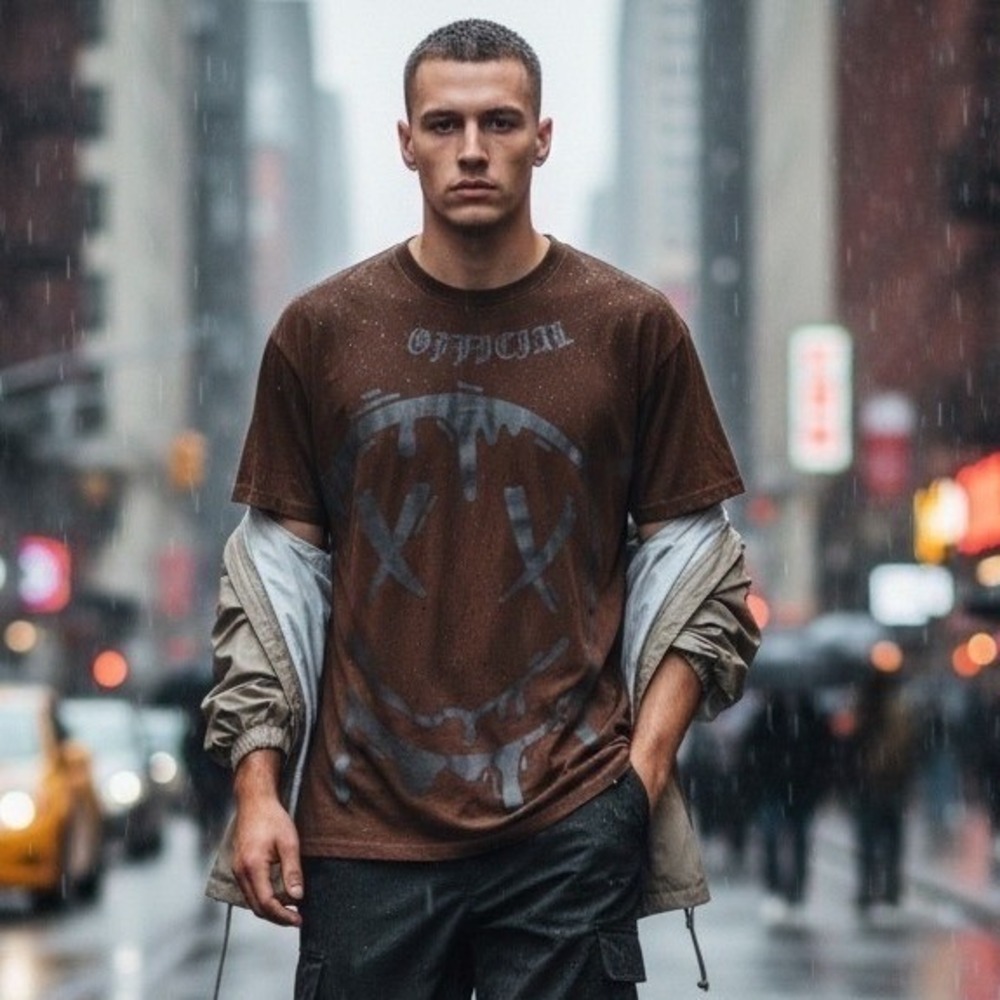 RGSTR Mens Brown Drip Smiley Face Official Graphic T-Shirt Small‎ RN162282